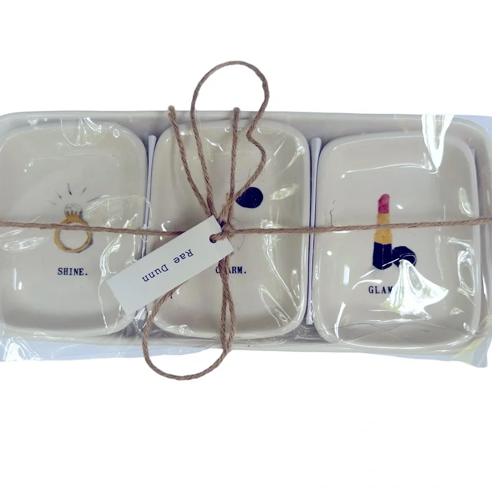 Rae Dunn HELLO GORGEOUS Tray SHINE CHARM GLAMOUR Dishes Makeup Organizer Holder